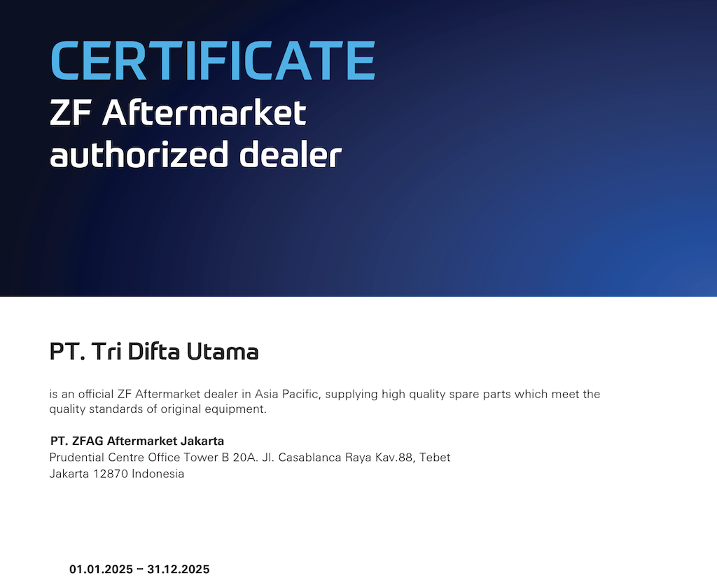 ZF Aftermarket Authorized dealer Certificate for PT Tri Difta Utama