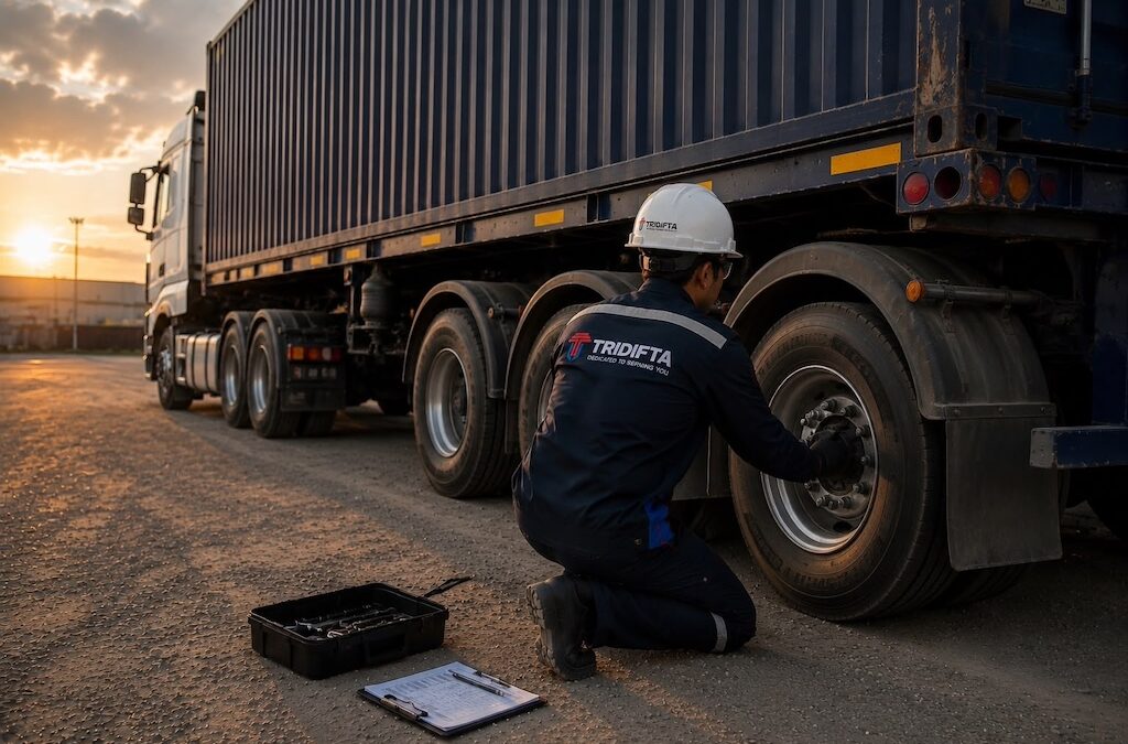 Teknisi TDU sedang memeriksa roda truk kontainer saat matahari terbenam (Source: TDU)