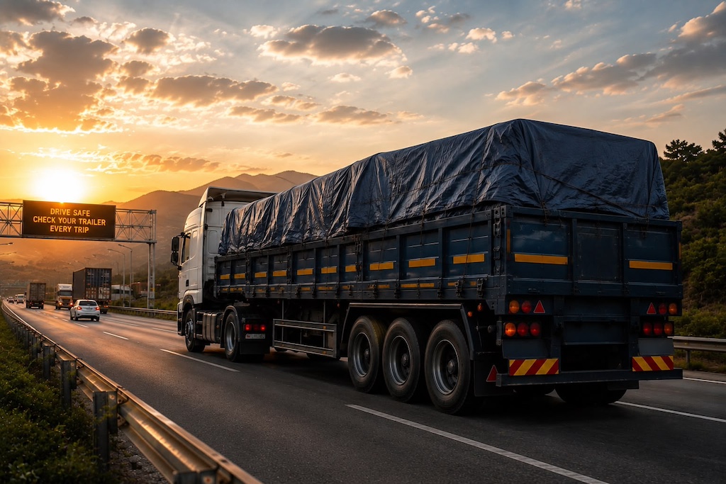 Truk Trailer membawa muatan yang tertutup terpal di jalan besar (Source: TDU)